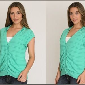 Fox Women’s Turquoise Button Up Short Sleeve Hooded lightweight Sweater  Sma…